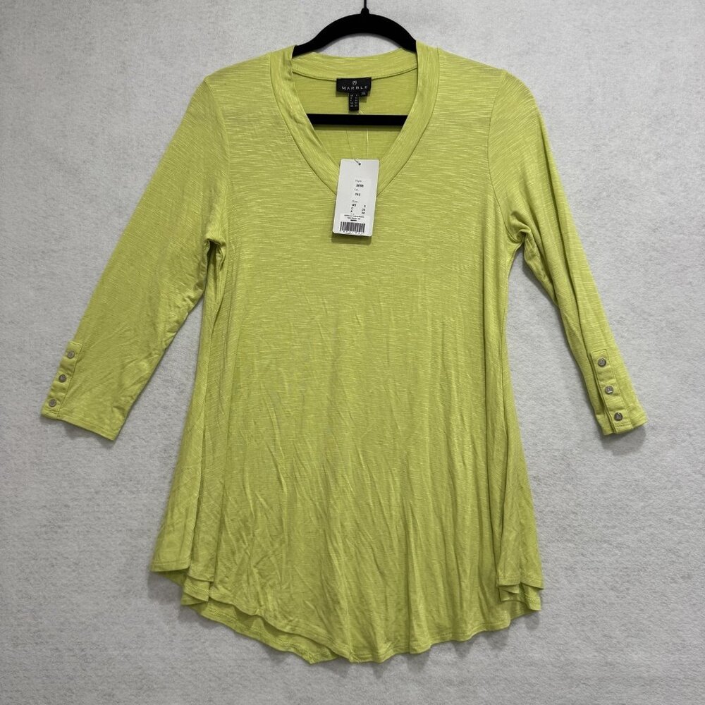 Marble Lime Green Tunic Womens XS Long Sleeve Handkerchief Hem Stretch Top